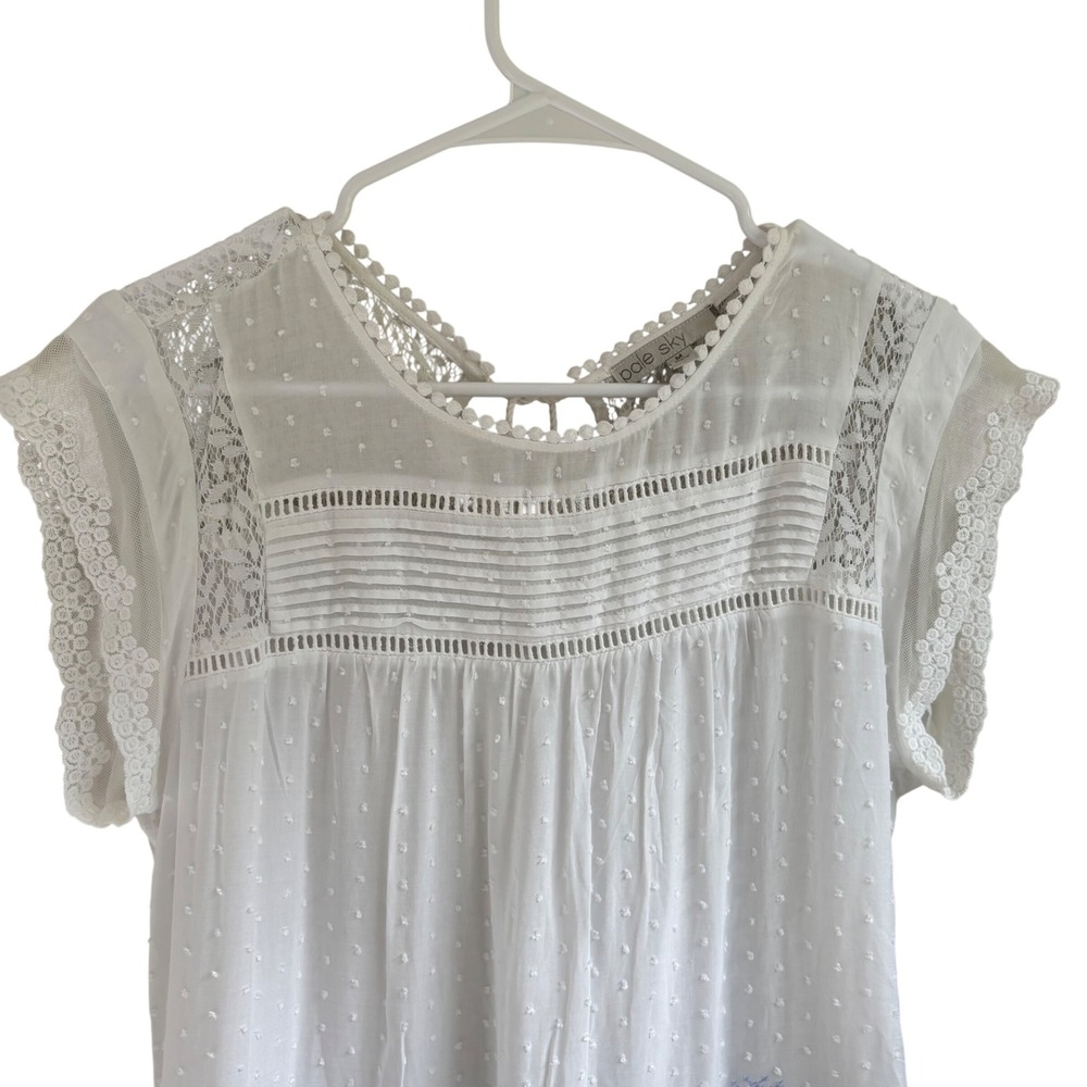 Pale Sky White Blue Boho Lace Embroidered Swiss Dot Blouse Top Womens Medium - Picture 2 of 8